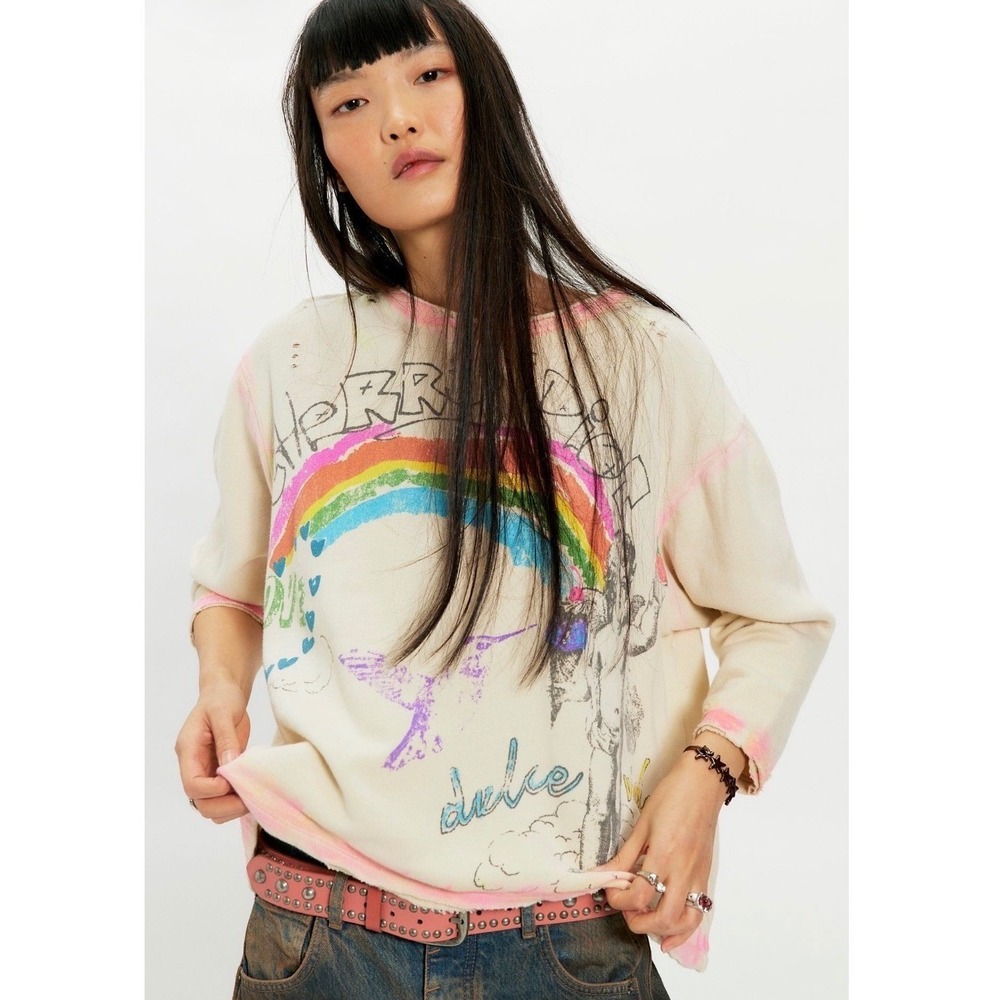 🌈 Magnolia Pearl Cherry Riot Hermosa Sweatshirt Distressed Rainbow Cherub